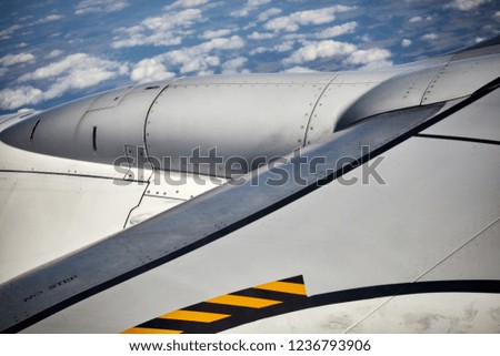 Close up picture of an airplane wing, selective focus.
