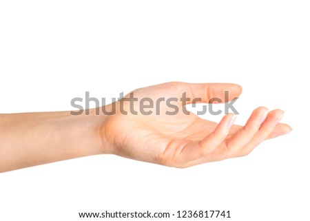 Woman showing open hand taking or showing something. Isolated with clipping path.