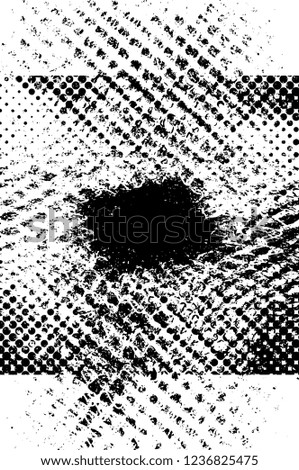 Grunge overlay layer. Abstract black and white vector background. Monochrome vintage surface with dirty pattern in cracks, spots, dots. Old wall in dark horror style design