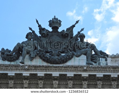 Extreme zoom of masterpiece statues in iconic court palace of Cassation with unique architecture, Rome, Italy