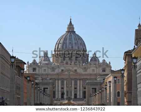 Zoom photo of architectural masterpiece of Saint Peter Basilica in the heart of Vatican city, Rome, Italy