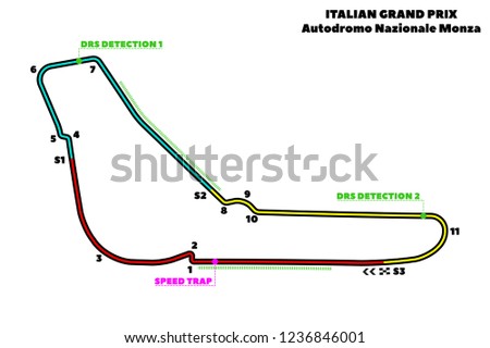 Autodrome Nazionale di Monza, Italian Grand Prix circuit. Vector illustration of an race track Royalty-Free Stock Photo #1236846001