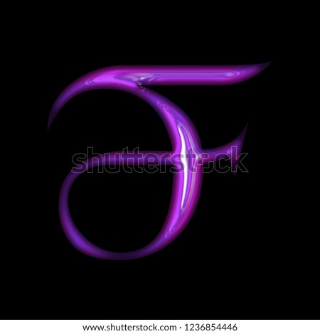Bright purple shiny glass letter F in a 3D illustration with a glossy glass effect with shining highlights in an old style font isolated on a black background