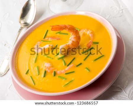 pumpkin soup with shrimp and chive