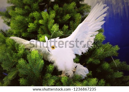 White artificial owl for decoration hangs on a green Christmas tree close-up, selective focus.