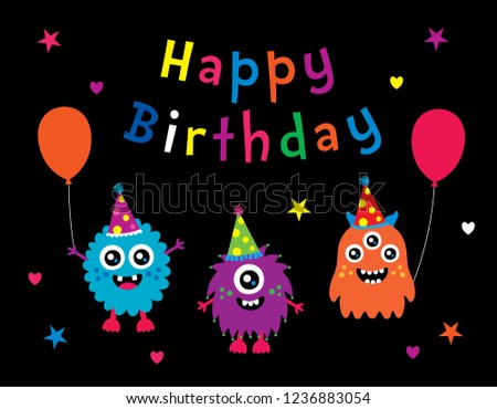 cute monster happy birthday greeting card. monsters' birthday party celebration.