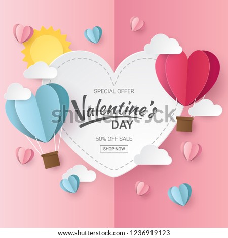 Valentines day sale background with Heart  Balloons, clouds and sun.  Paper cut style. Vector illustration.