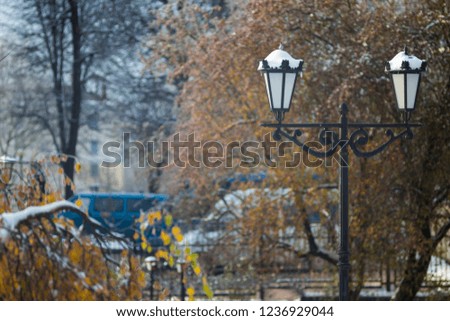 street lamp in the snow against a background of yellow green trees