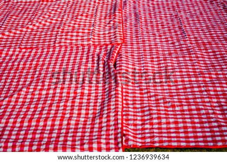 Red and white Gingham Plaid lie on green grass floor background. Red,  White Pixel Gingham Patterns