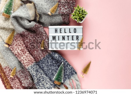 Warm, cozy winter clothing, scarf, lightbox on pastel pink background. Christmas concept flat lay. hello winter title