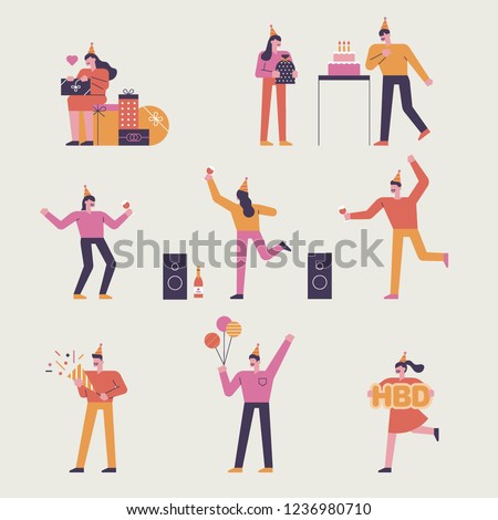 A set of characters of simple type that enjoy birthday party. flat design style vector graphic illustration. various people set.