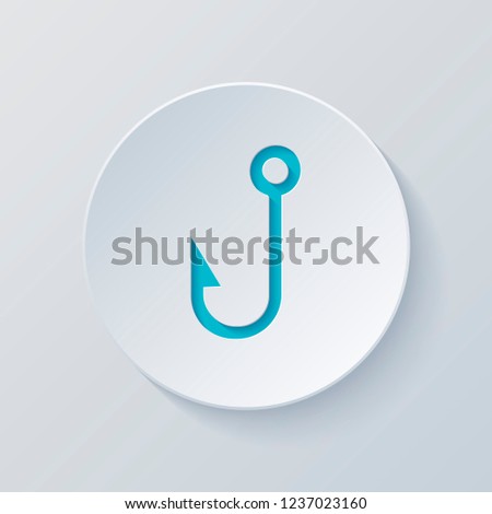 Fishing hook. Simple icon. Cut circle with gray and blue layers. Paper style
