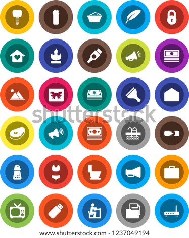 White Solid Icon Set- scraper vector, toilet, foam basin, cleaning agent, hand mill, steak, pen, student, cash, case, swimsuite, pool, money, document, flammable, loudspeaker, mail, hdmi, connection