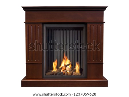Brown burning fireplace isolated on white background.