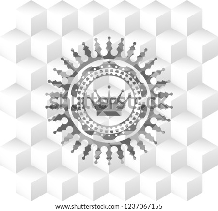 queen crown icon inside realistic grey emblem with cube white background
