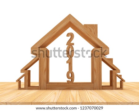 Growth in real estate concept. Wooden house icons of various sizes with number 2019 inside. 3D illustration