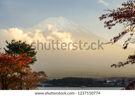 Mt.Fuji and red leaves foreground in sunset time.
