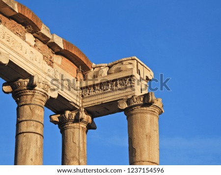 Zoom detail photo of iconic ancient ruins of Roman Forum in the heart of Rome, Italy