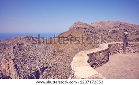 Vintage stylized picture of a scenic mountain viewpoint, Mallorca, Spain.