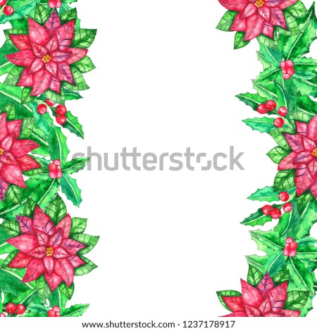 Christmas watercolor template with colored leaves and berries on a white background. Ideal for design banners, leaflets, posters with space for your text