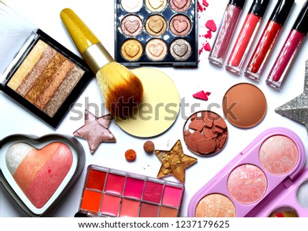 The collection of cosmetics on white background.eye shadow,make up brush,powder,concealer,foundation.