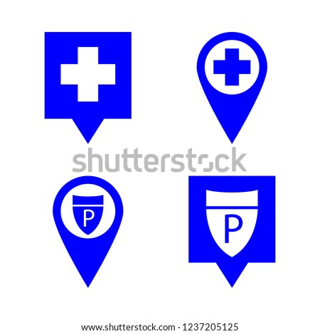 government icon set about police station pin, police station location and hospital pin vector set