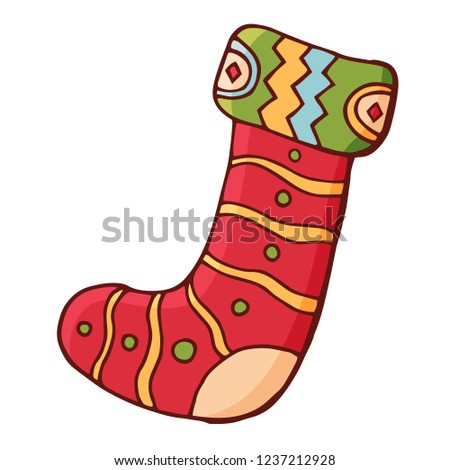 Christmas sock with gifts. Traditional festive element for christmas decoration, design, greeting cards, invitations. Isolated on white background. Vintage style. Vector color hand drawn illustration.