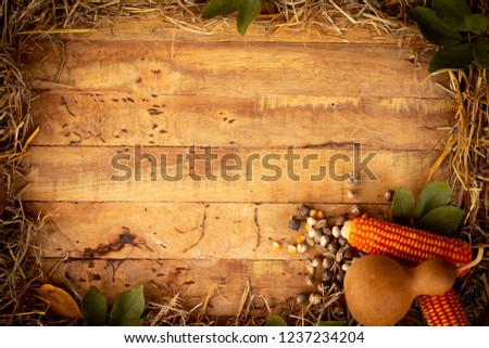 Autumn and Thanksgiving day  background from fallen leaves and fruits with vintage light setting on old wooden table.