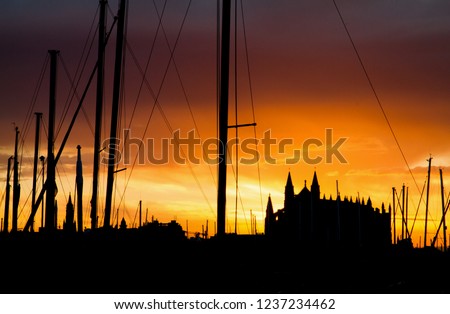silhouette of Spain Majorca, old town Palma de Mallorca with view of the famous Cathedral La Seu, Mediterranean Sea, Balearic Islands