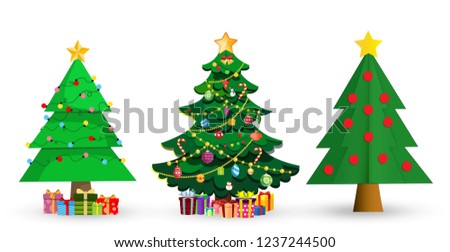 Set of cute cartoon Christmas fir trees. Star decorations, balls, garlands and lots of gift boxes Isolated on white background. illustration, spruce clip art, elements for greeting card design