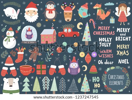 Vector set of cute Christmas elements: Santa, penguin, deer, bear, fox, owl, trees, snowman, bird, angel and more