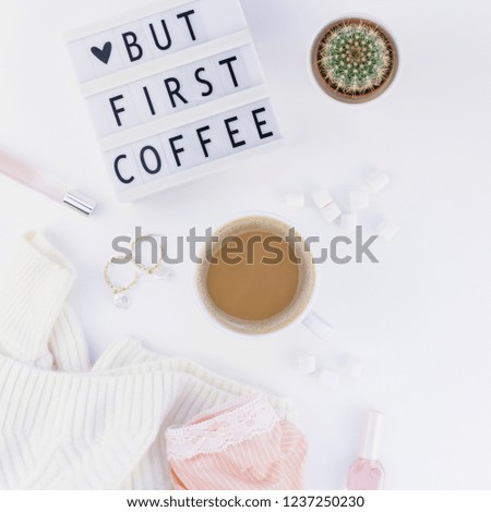 Creative autumn flat lay overhead top view coffee cup vintage lightbox But coffee first text sweater white background copy space minimal style Fall winter season template feminine blog social media