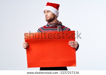 Poster mockup red paper man with a scarf around his neck                             
