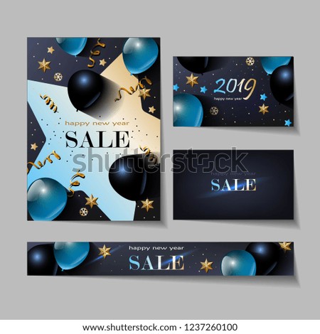 New year Sale Poster or banner with black and golden balloons and golden confetti, stars and snowflake