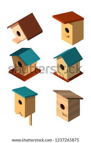 Set of volumetric birdhouses in isometric style on a white background House for the birds. Caring for nature and fauna Design of various birdhouses Vector illustration of a collection of nesting boxes