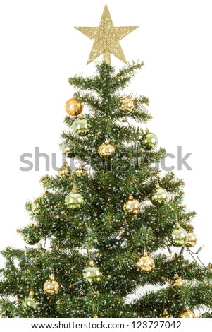 snowflakes on decorated christmas tree on white backgroung