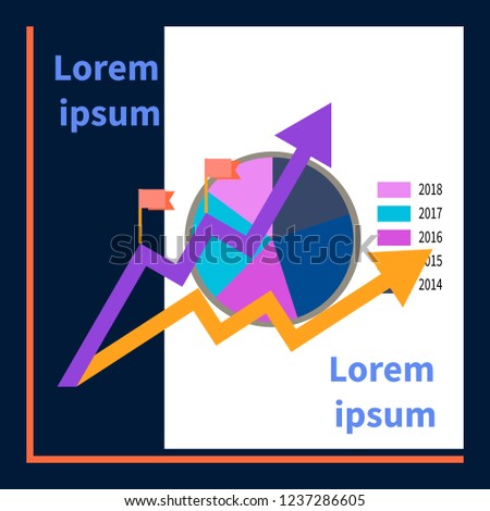 Two rising trend zigzag lines, flags, up arrow. Graph background. Vector flat illustration of growth trends. Trendy linear style concept of success for business, finance, banks, infographic, catalogs.