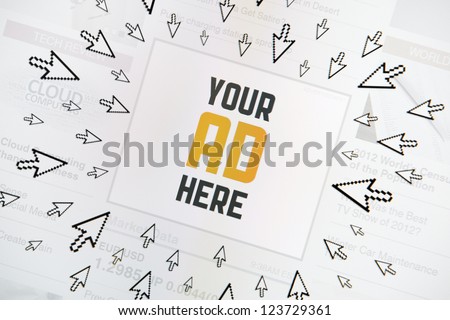 Success internet banner advertisement with text "YOUR AD HERE" and lot of clicking pointers around. Conceptual image.