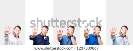 Collage of middle age senior hoary man over isolated background covering eyes with hands and doing stop gesture with sad and fear expression. Embarrassed and negative concept.
