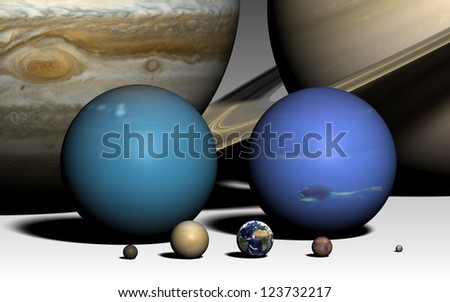 The planets of the solar system, rendered using the best available NASA imagery. The relative sizes are correct. Elements of this image furnished by NASA.