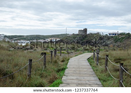 Landscape photography of one of the most beautiful beaches in Menorca with a dog running down the wooden path
