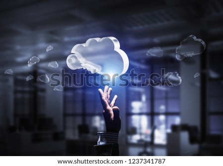 Close of businessman hands touching glass cloud computing concept. Mixed media