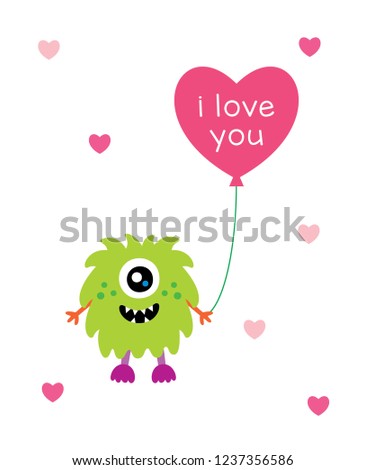 cute monster valentine greeting card with balloon
