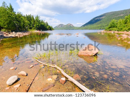 Jordan Pond and the Bubble Rocks mountains at Acadia National Park in Maine