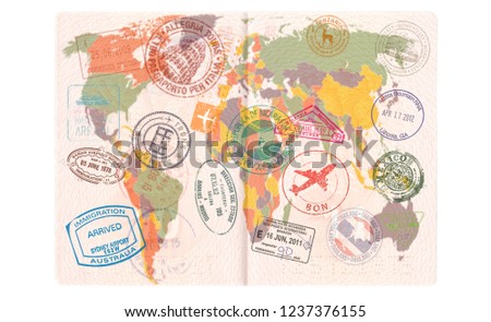 Opened passport with Visas, Stamps, Seals. World Map Travel or Tourism concept.