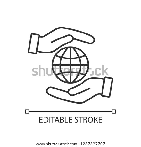Corporate social responsibility linear icon. International relations. Thin line illustration. Earth protection. Impact. Hands holding globe. Contour vector isolated drawing. Editable stroke
