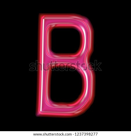 Glowing bright pink shiny glass letter B in a 3D illustration with a smooth reflective effect with a beveled rustic font isolated on a black background