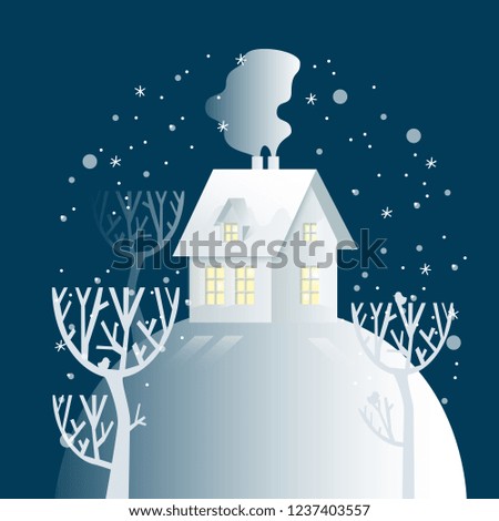 Winter paper art landscape. Night snowy little house with cozy glowing windows, snowfall and trees. Vector illustration.