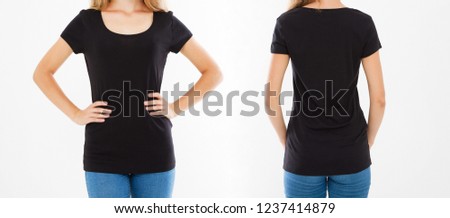 cropped portrait set,collage woman in black t shirt, front and back views,copy space