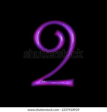 Bright purple glossy glass number two 2 in a 3D illustration with a shiny glass effect with light highlights in a fun curly font isolated on a black background
